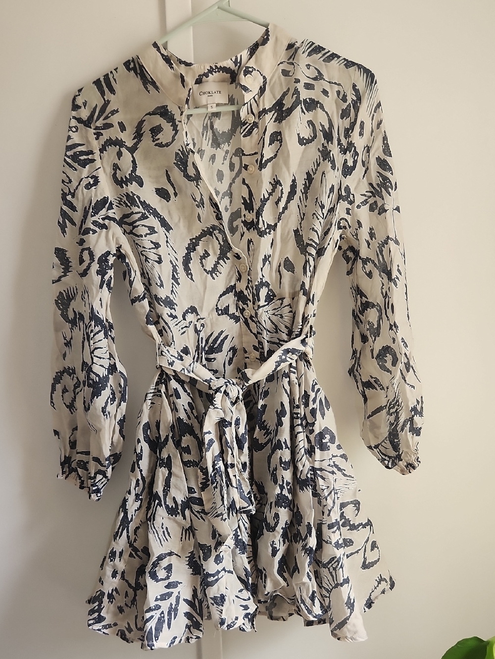 Choklate Paris Navy on Beige Printed Tie-Waist Dress